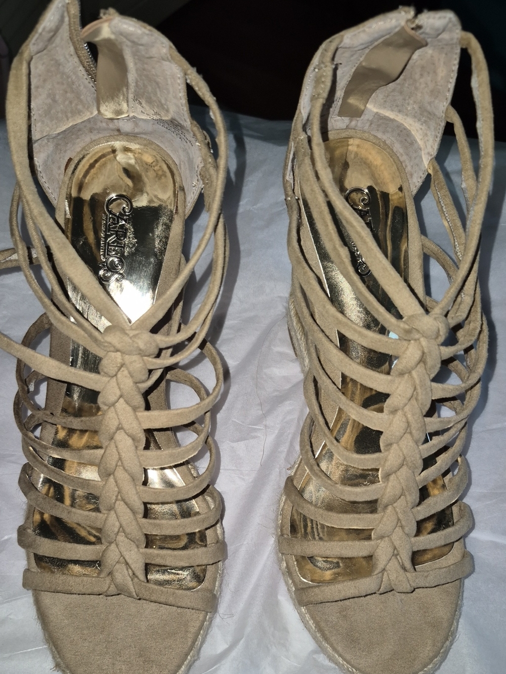 Carlos Santana Label Taupe Braided Strappy Heels